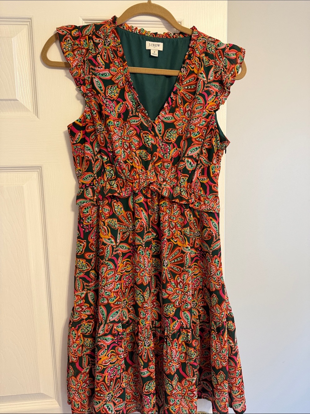 J. Crew Factory Green Multi Floral Paisley V‑Neck Ruffle Midi Dress